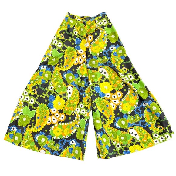 Vtg 60s Green Floral Flower Power Wide Leg Palazzo Pants Bright Bell Bottoms S - Picture 1 of 6